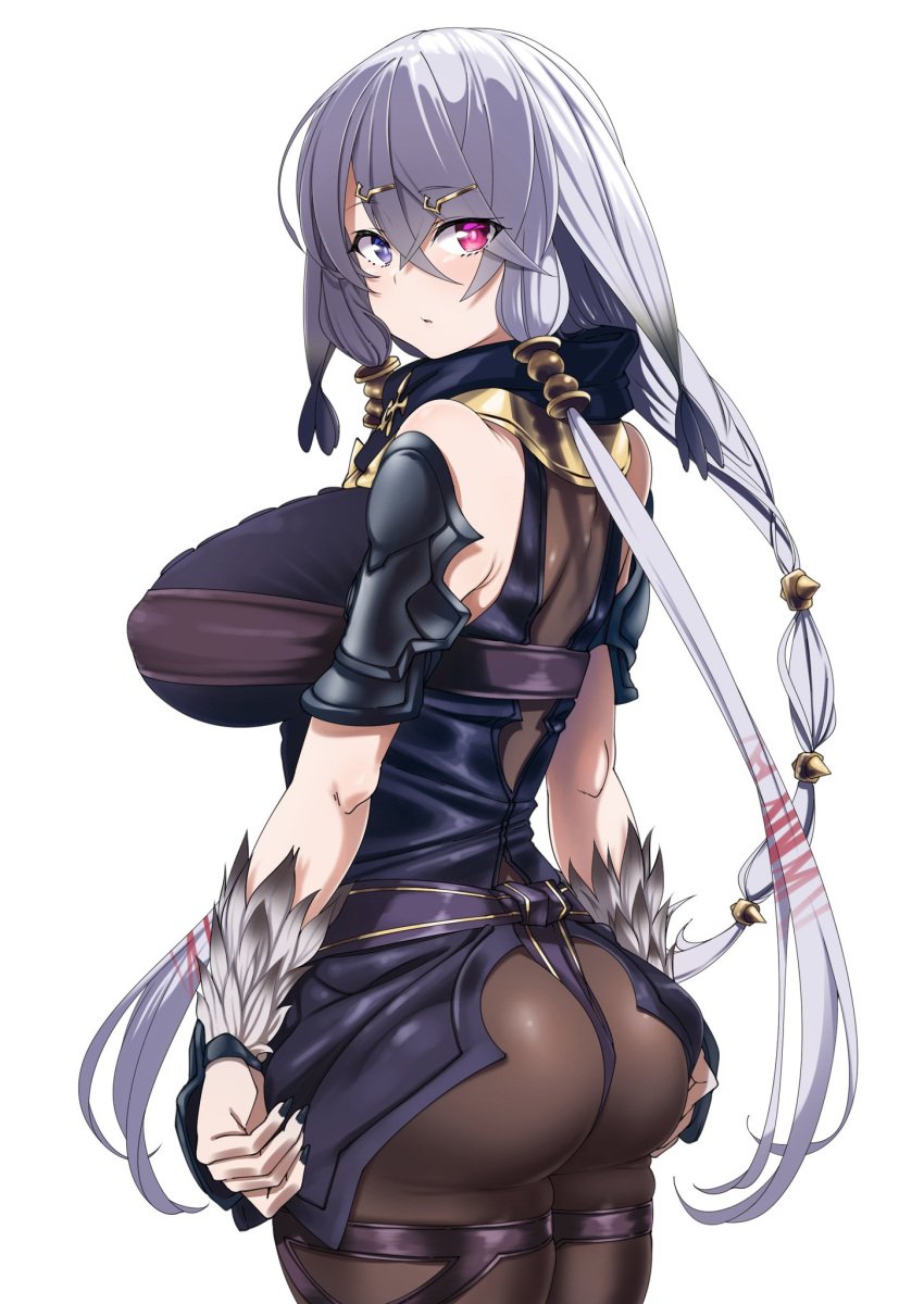 ass atelier_(series) atelier_ryza bad_id bad_twitter_id bangs bare_shoulders belt big_ass big_breasts black_nails blush bodysuit breasts brown_bodysuit cinomoon crossed_bangs female fingernails from_behind fur grey_hair hair_ornament hairclip head_tilt heterochromia highres huge_breasts large_breasts lila_decyrus long_hair looking_at_viewer low_twintails multicolored_hair murakami_ryouga nail_polish pink_eyes purple_eyes sharp_fingernails shinomu_(cinomoon) sideboob simple_background skindentation solo standing streaked_hair twintails white_background