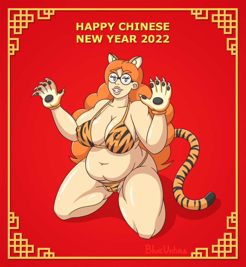 accessory belly big_breasts bikini bikini_bottom bikini_top blueumbra breasts cameltoe chinese_new_year chinese_zodiac chubby_belly chubby_female clothing costume eyewear felid female furgonomics glasses gloves hair handwear hi_res huge_breasts human lips looking_at_viewer mammal muscular_thighs navel new_year_2022 orange_hair pantherine partially_visible_vulva pattern_background paws rebecca_(blueumbra) signature simple_background smile smiling_at_viewer solo swimwear tail_accessory text thick_lips tiger year_of_the_tiger