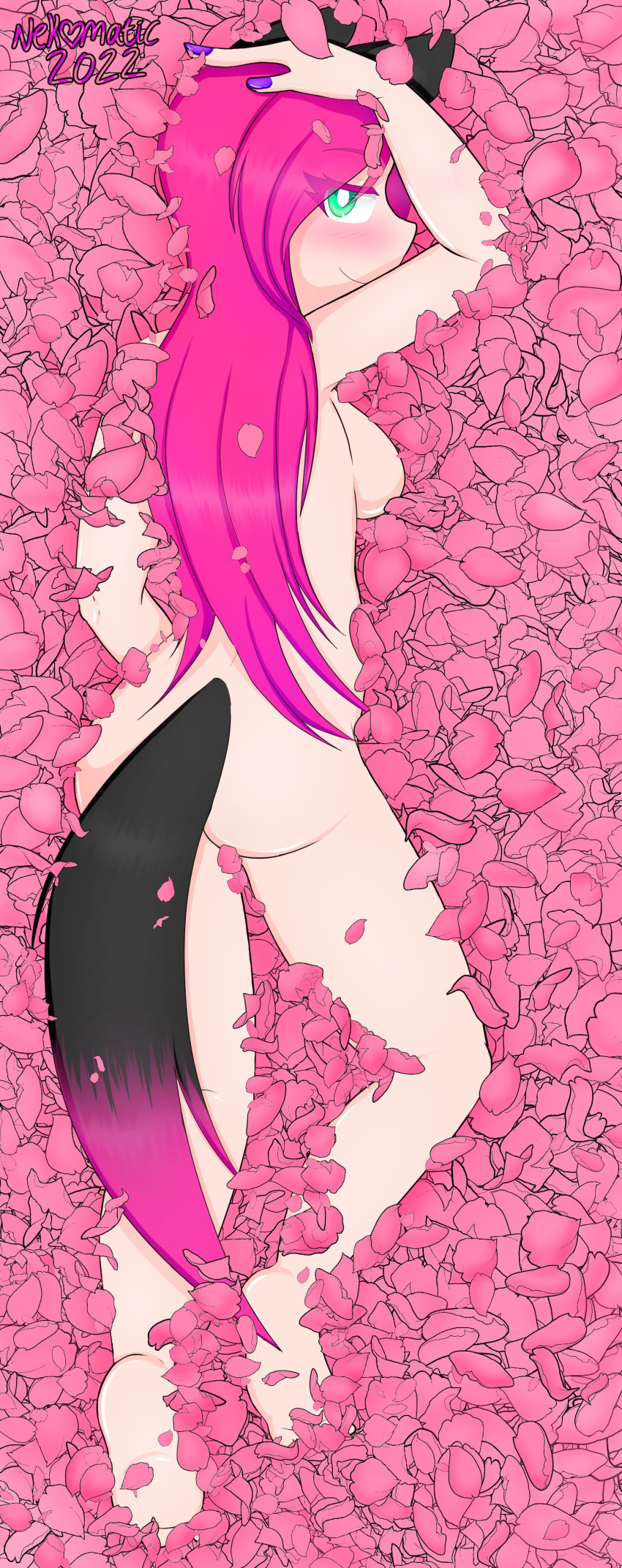 1girls black_tail cat_ears cat_tail catgirl facing_viewer female female_focus flower_petals green_eyes kemonomimi laying_down laying_on_stomach long_hair looking_back looking_over_shoulder medium_breasts naked nekomatic nude nude_female oc original_character painted_nails pink_hair rose_petals solo_female