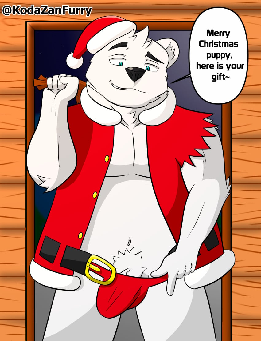 5_fingers absurd_res blue_eyes christmas clothing costume father fingers fur genitals hi_res holidays kodafurrzan male male/male mammal muscular parent penis polar_bear santa_claus santa_costume smile solo thong underwear ursid ursine