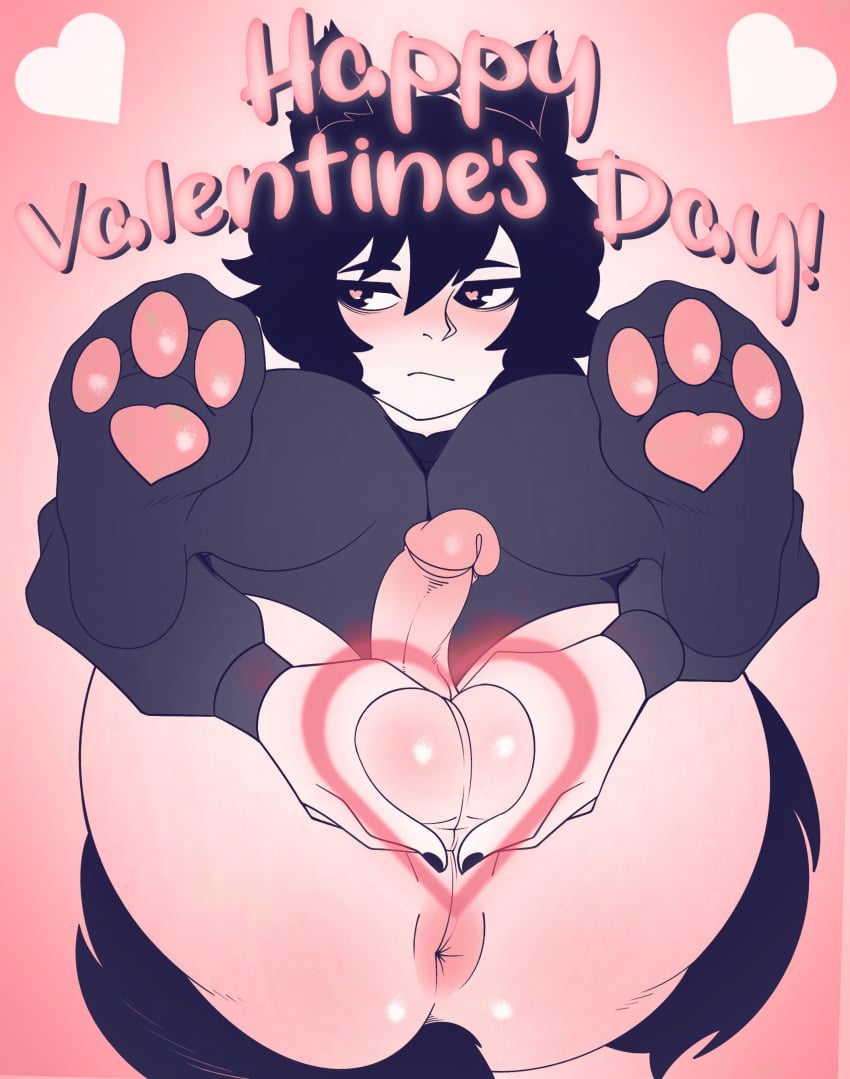 1boy animal_ears anus ass balls big_ass big_butt black_hair blush bro_aniki catboy doomer_boy feet_in_camera femboy heart-shaped_pupils legs_up male male_only penis solo tail testicles valentine's_day wojak_comics