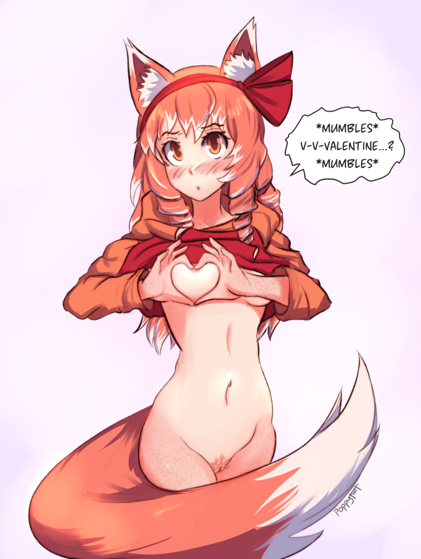 1girls blush brown_eyes embarrassed english_text female_pubic_hair fox_ears fox_girl fox_tail freckles heart heart_hands hoodie long_hair looking_at_viewer navel nipples no_bra no_panties original_character plain_background poppytart pubic_hair pussy red_hair ribbon shirt_lift solo stomach tanline tira_(poppytart) top_lift valentine's_day