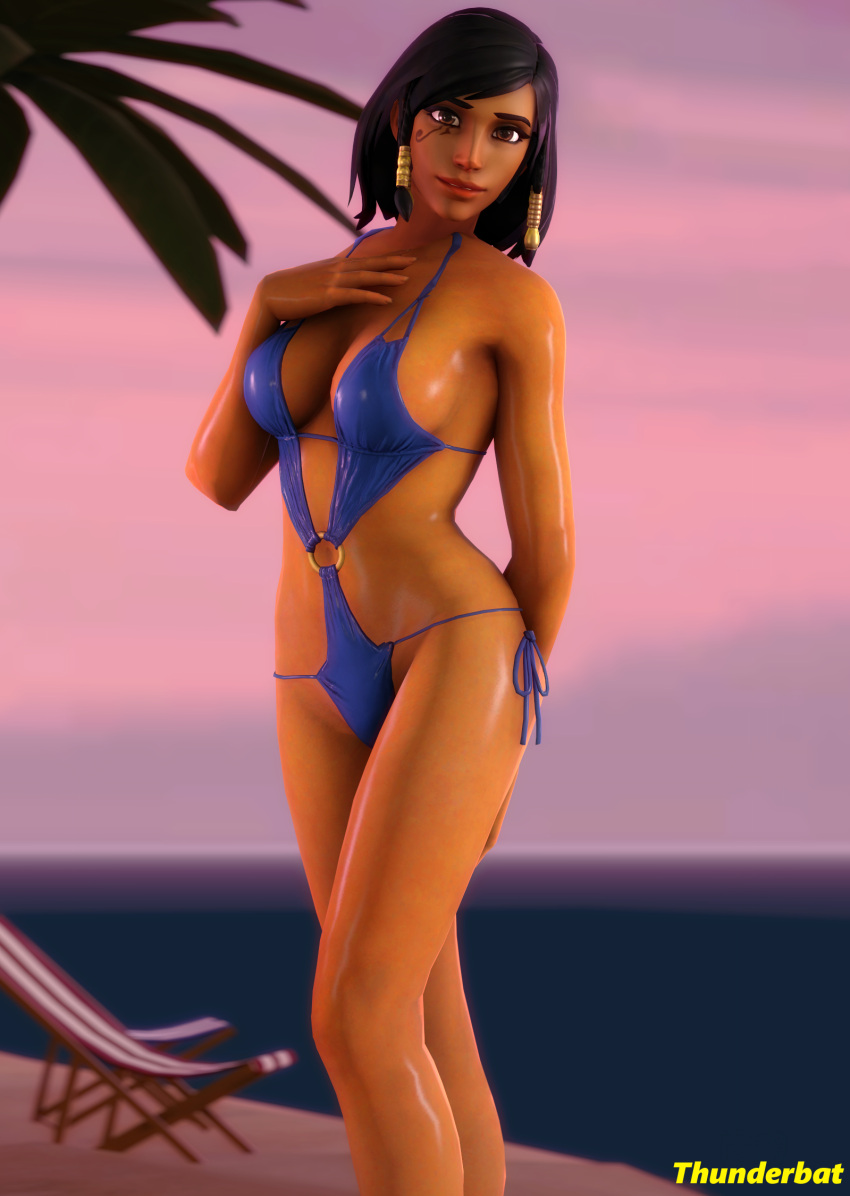 1girls 3d artist_name athletic black_hair blizzard_entertainment brown_eyes dark-skinned_female dark_skin egyptian facing_viewer fareeha_amari female female_only fit fit_female generalthunderbat hair_ornament human large_breasts looking_at_viewer outdoors overwatch pharah posing shiny_skin solo swimsuit tattoo tight_clothing wet