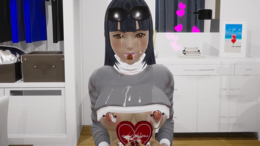 3d bangs blush breasts_out chocolate cum cum_in_mouth cum_on_breasts cum_on_clothes dark_hair half-dressed hime_cut honey_select kingdom_hearts large_breasts lipstick nipple_piercing nipples roseza skuld_(kingdom_hearts) smile smug sunglasses_on_head sweater valentine's_day