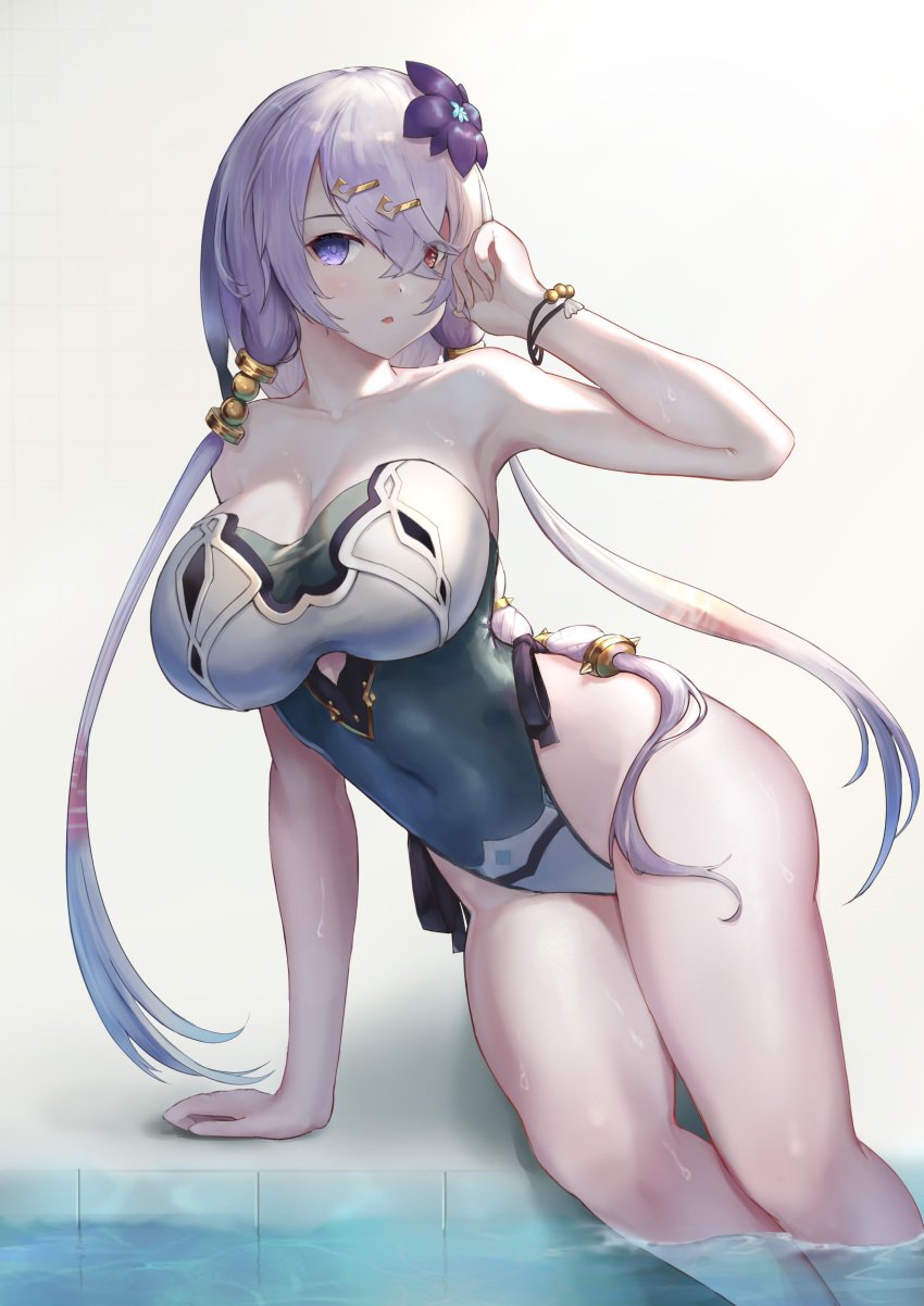 :o absurdres arm_support atelier_(series) atelier_ryza bangs bare_shoulders blush breasts cleavage collarbone covered_navel crossed_bangs eyes_visible_through_hair female flower gradient gradient_background grey_background hair_between_eyes hair_flower hair_ornament heterochromia highres large_breasts light_purple_hair lila_decyrus long_hair looking_at_viewer one-piece_swimsuit pale_skin purple_eyes red_eyes revision sitting solo swimsuit user_mngr8323 water wet zekken