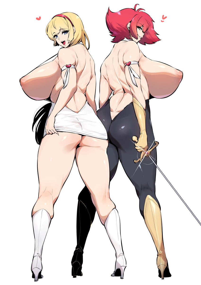 2girls absurdres armband ass back backless_outfit blonde_hair boots breasts cutie_honey cutie_honey_(character) dress full_body gleam gloves hairband heart high_heels highres holding holding_sword holding_weapon honey_kisaragi huge_breasts kisaragi_honey lips long_hair looking_at_viewer multiple_girls nipples open_mouth rapier red_hair short_hair sideboob simple_background smile standing sword teeth thick_thighs thighs thirty_8ght topless upper_teeth weapon white_background