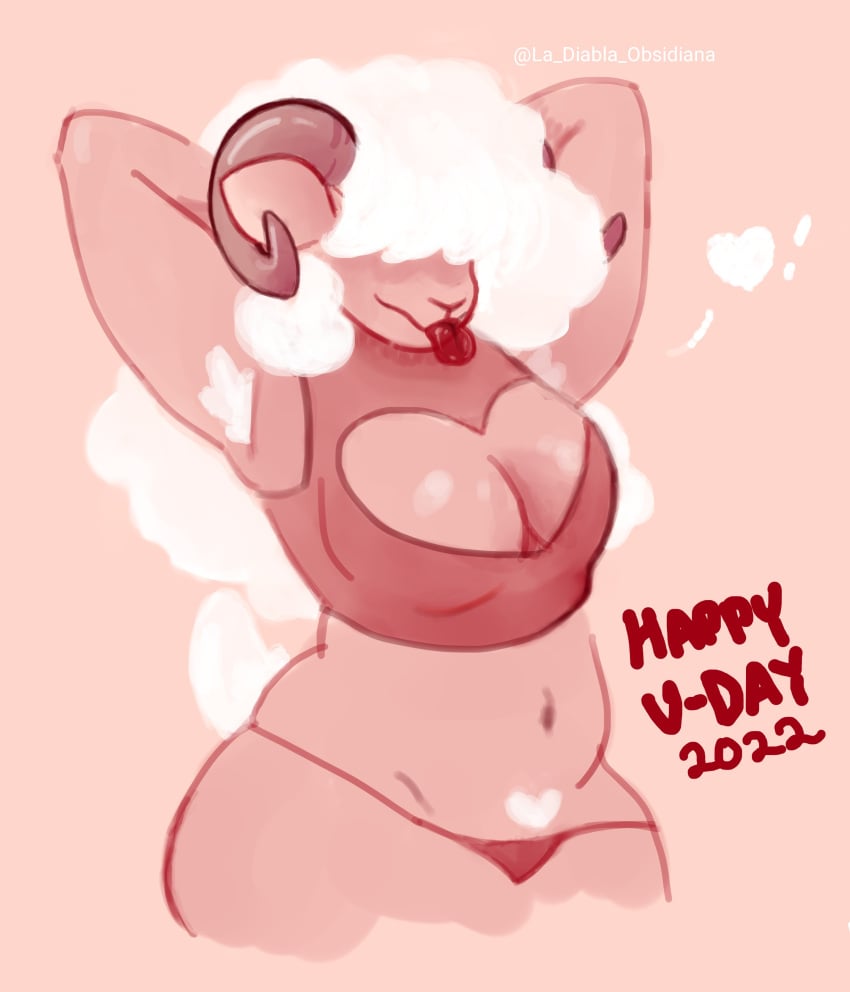 absurd_res anthro armpit_hair bangs belly big_(disambiguation) big_breasts body_hair bovid breasts caprine chubby_anthro chubby_belly chubby_female curled_hair curvaceous curvy_anthro curvy_female curvy_figure female fluffy furry goat goat_girl hair heart hi_res holidays horn invalid_tag mammal monster_girl_(genre) navel pink pubes ram_girl sheep sheep_girl simple simple_background simple_coloring slightly_chubby solo solo_female tail thick_thighs thong_straps tongue tongue_out valentine's_day voluptuous white_hair wide_hips