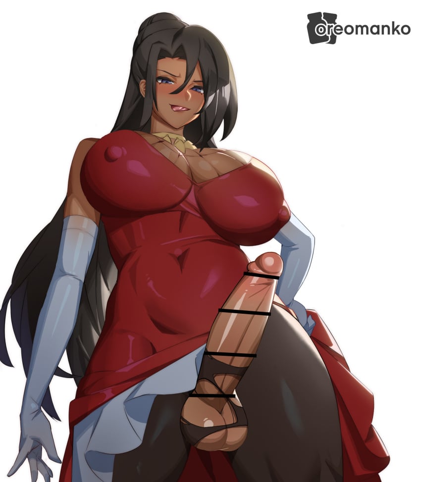 1futa athletic athletic_futanari balls bar_censor big_balls big_breasts big_penis black_pantyhose blue_eyes blush brown_skin censored chimera cleavage clothed clothing club_shaped_penis curvy dark-skinned_futanari dark_hair dark_skin dickgirl dress english_text erect_nipples erect_nipples_under_clothes erection exposed_penis futa_only futanari gloves huge_breasts human humanoid_penis ineffective_clothing kono_subarashii_sekai_ni_shukufuku_wo! large_breasts licking_lips long_hair looking_at_viewer looking_down low-angle_view midriff mostly_clothed navel nipple_bulge open_mouth oreomanko pantyhose red_dress ripped_clothing ripped_pantyhose shemale solo standing sylvia_(konosuba) taker_pov tan_skin testicles text thick_penis thick_thighs tight_clothing toned toned_futa tongue tongue_out white_background wide_hips