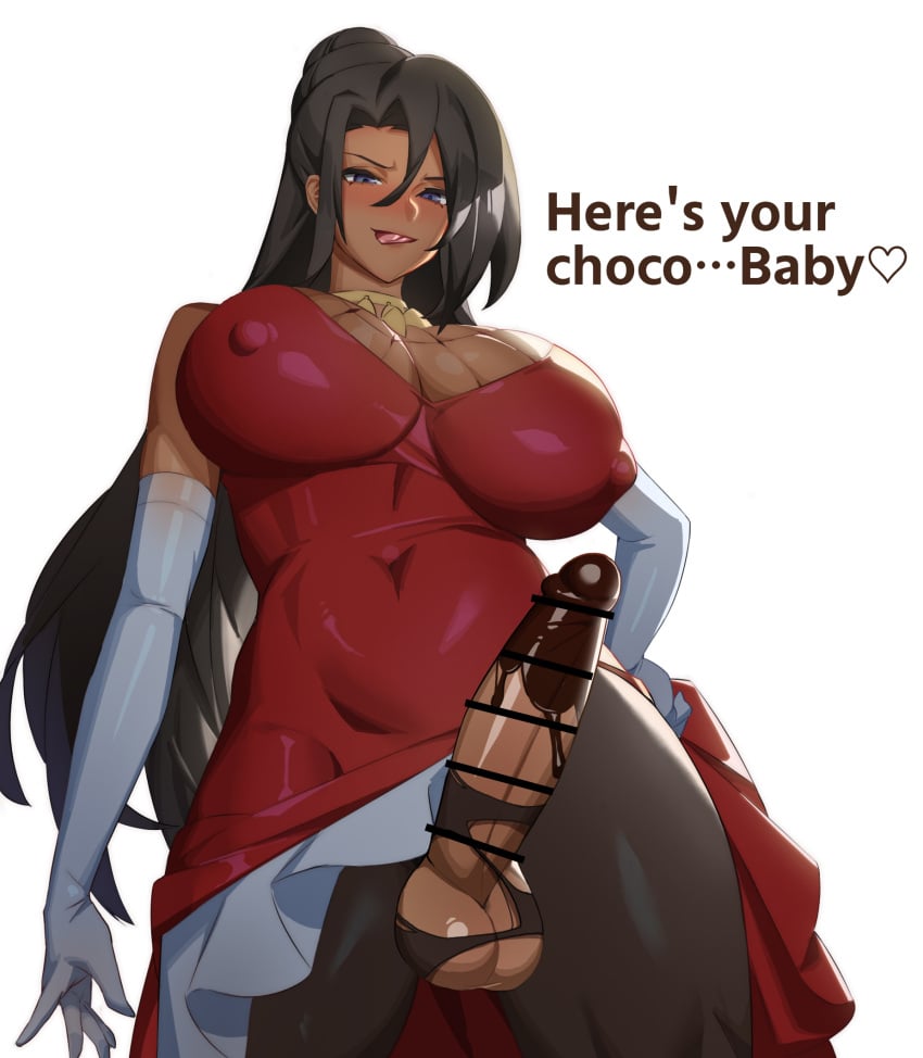 1futa athletic athletic_futanari balls bar_censor big_balls big_breasts big_penis black_pantyhose blue_eyes blush breasts brown_skin canon_futanari censored chimera chocolate chocolate_on_penis cleavage clothed clothing club_shaped_penis curvy dark-skinned_futanari dark_hair dark_skin dialogue dickgirl dress english_text erect_nipples erect_nipples_under_clothes erection exposed_penis food food_play futa_only futanari gloves heart huge_breasts human humanoid_penis ineffective_clothing kono_subarashii_sekai_ni_shukufuku_wo! large_breasts licking_lips long_hair looking_at_viewer looking_down low-angle_view melted_chocolate midriff mostly_clothed navel nipple_bulge open_mouth oreomanko pantyhose penis pointless_censoring red_dress ripped_clothing ripped_pantyhose solo standing sylvia_(konosuba) taker_pov tan_skin testicles text thick_penis thick_thighs tight_clothing toned toned_futa tongue tongue_out white_background wide_hips