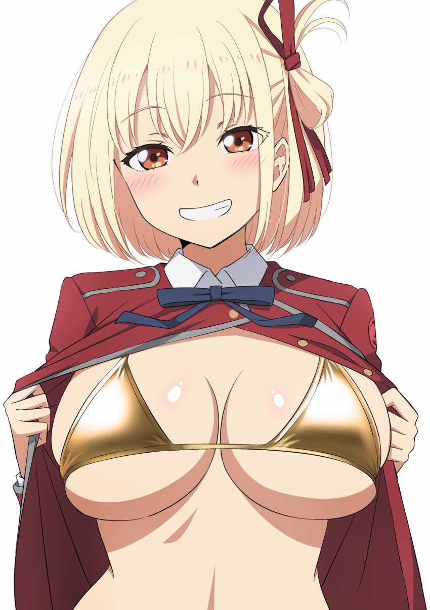 1girls big_breasts bikini bikini_top blonde_hair blush breasts eye_contact female female_only gold_bikini light-skinned_female light_skin looking_at_viewer lycoris_recoil mibushiro nishikigi_chisato presenting presenting_breasts shiny_clothes short_hair smile solo upper_body white_background