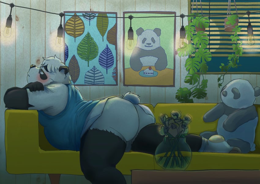 2022 anthro ass backsack balls black_body black_nose blush clothing detailed_background eyewear furniture genitals giant_panda glasses hi_res inside kemono male mammal panda-kun pinoren plushie poster sasayama_akira shirokuma_cafe shirt slightly_chubby sofa solo topwear ursid virtual_youtuber white_body