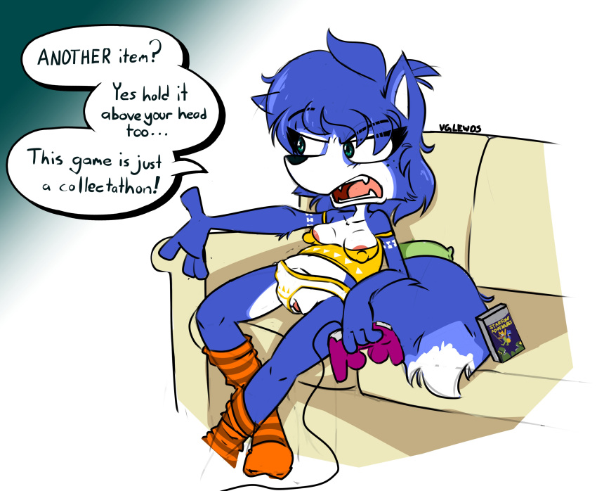 2022 absurd_res annoyed anthro areola areola_slip blue_body blue_fur canid canine casual_exposure clothed clothing clothing_aside controller crop_top dialogue english_text female footwear fox fur game_controller gamecube_controller gaming genitals hi_res holding_controller holding_object krystal mammal nintendo nipple_outline orange_clothing orange_footwear orange_socks panties panties_aside partially_clothed playing_videogame pussy scott_ramsoomair shirt sitting socks solo star_fox star_fox_adventures text topwear underwear underwear_aside vglewds video_games