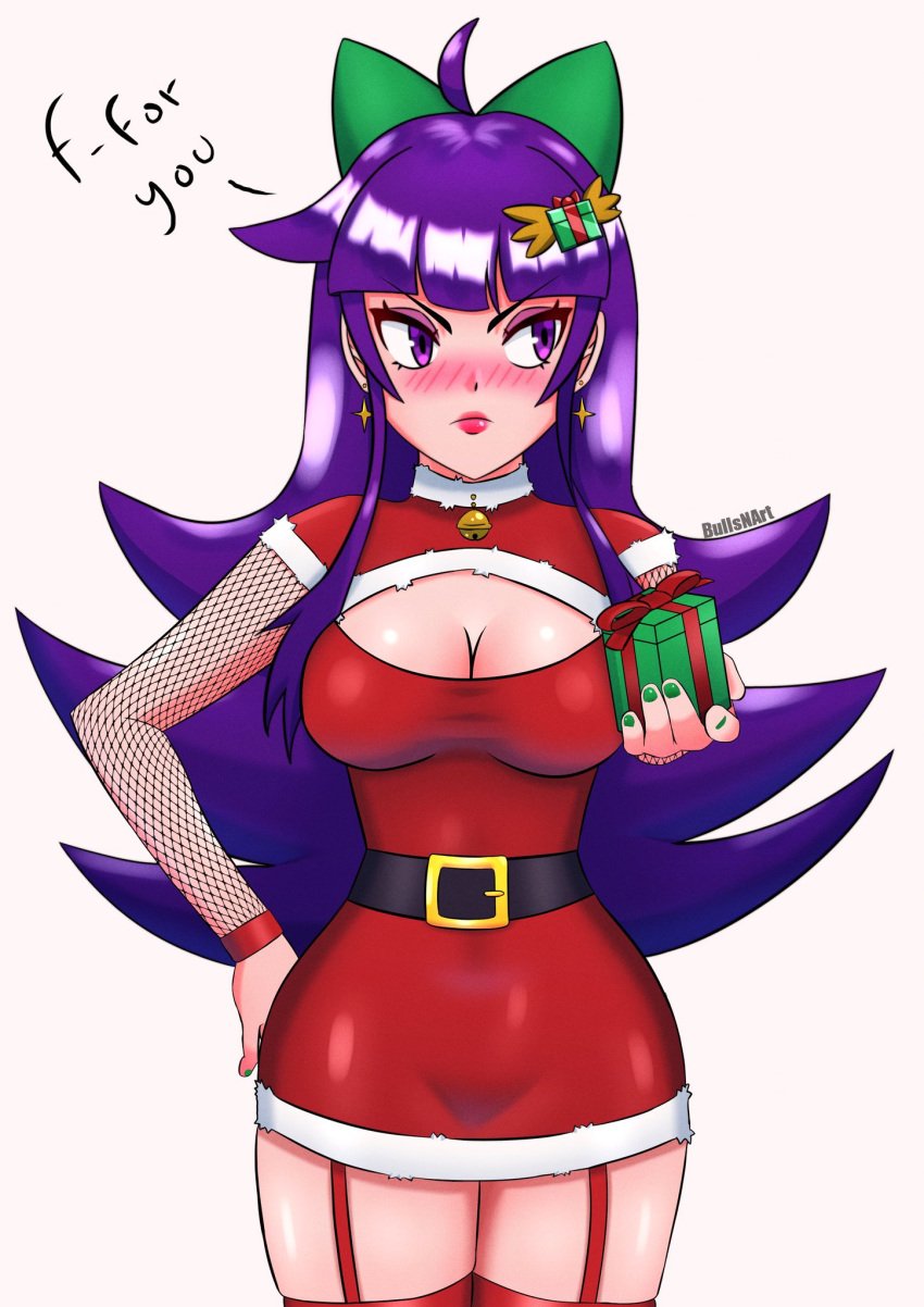 blush breasts bullsnart christmas christmas_outfit female female_focus female_only gift hair_ornament light-skinned_female light_skin long_hair purple_eyes purple_hair solo solo_female violentine_(sarukaiwolf)