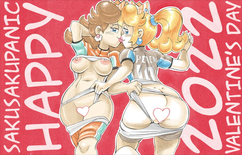 2022 2girls areolae ass blonde_hair blue_eyes breasts brown_hair censored duo female female_focus female_only football football_player football_uniform gray_shorts hair heart_censor kissing mario_(series) mario_strikers nintendo nipples orange_shorts panties panty_pull princess_daisy princess_peach sakurakasugano sakusakupanic shirt shirt_lift valentine's_day yuri