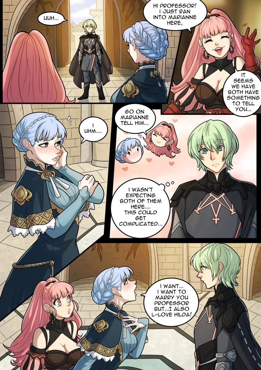 1boy 2girls bisexual bisexual_female blue_hair byleth_(fire_emblem) byleth_(fire_emblem)_(male) comic confession english_text female fire_emblem fire_emblem:_three_houses green_eyes green_hair heart-shaped_pupils hearts hearts_in_eyes hilda_valentine_goneril kinkymation love marianne_von_edmund marriage_proposal pink_eyes pink_hair polyamory straight wholesome