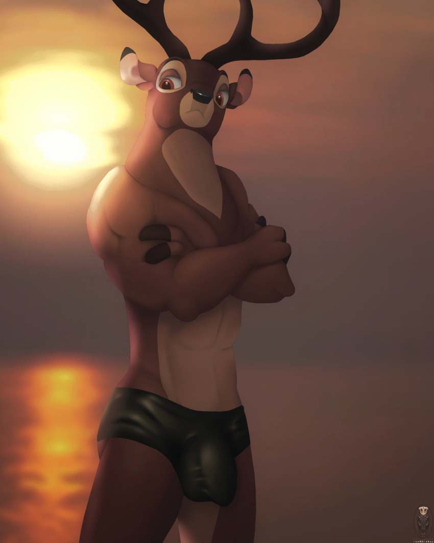 3_fingers anthro antlers atlasfield avoid_posting balls_outline bambi_(film) brown_body brown_eyes brown_fur bulge cervid clothing crossed_arms disney fingers fur genital_outline half-closed_eyes hi_res horn male male_only mammal muscular muscular_male narrowed_eyes penis_outline seaside signature solo sunset swimwear tan_body tan_fur the_great_prince_of_the_forest tight_clothing tight_swimsuit