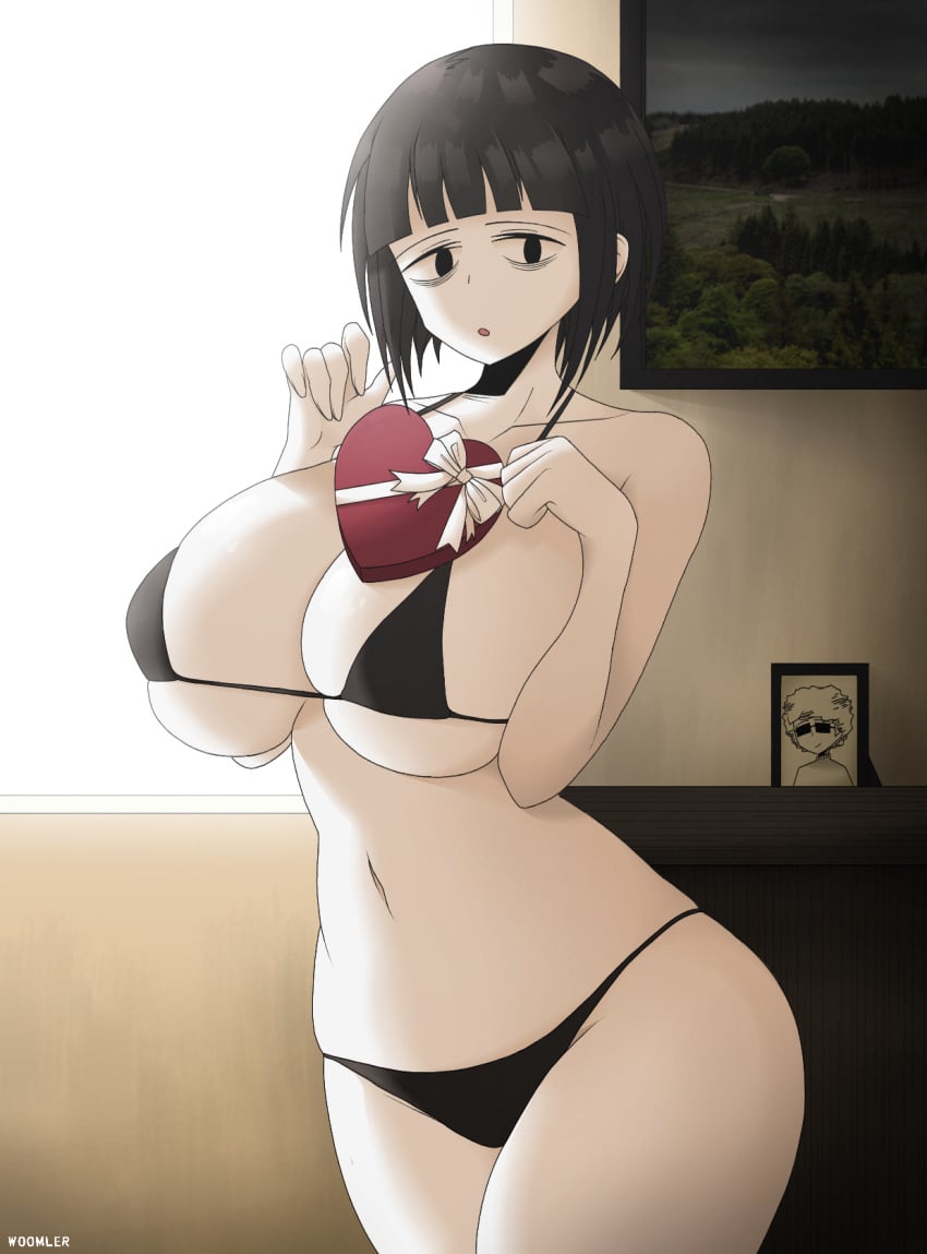 1girls big_breasts bikini black_bra black_eyes black_hair black_panties blossom_hope bow bra breasts female heart large_breasts looking_at_viewer open_mouth panties short_hair thick_thighs tomi_washua valentine's_day watermark white_skin woomler