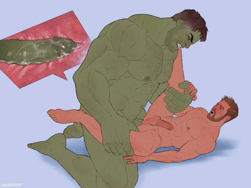 2boys anal anal_sex avengers bara big_dom_small_sub big_penis blush celebrity chris_hemsworth erect_while_penetrated gay green-skinned_male green_skin hulk hulk_(series) human machojuice male_only male_penetrated mark_ruffalo marvel missionary_position muscular muscular_male penetration penis sex size_difference thor_(marvel) thor_(series) x-ray yaoi