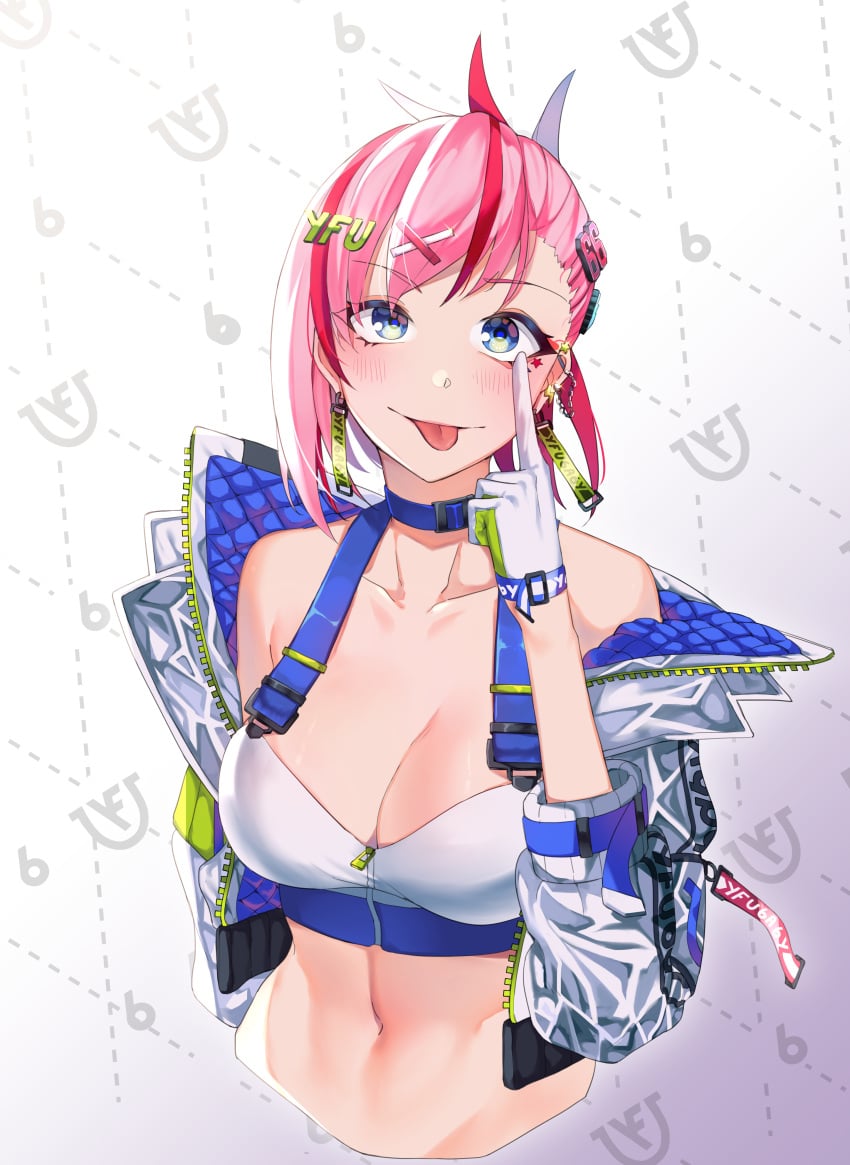 1girls absurdres akanbe blue_eyes blush breasts chain_earrings cleavage clothed clothes_writing collarbone earrings esencey eyeliner female female_only front_view gesture gloves hair_ornament highres human indie_virtual_youtuber jacket large_breasts lightning_bolt_earrings looking_at_viewer midriff navel off-shoulder_jacket off_shoulder pattern_background pink_hair ponytail red_hair reflective_clothing short_hair smile solo sports_bra star_earrings toned toned_female tongue tongue_out upper_body virtual_youtuber yfu_baby