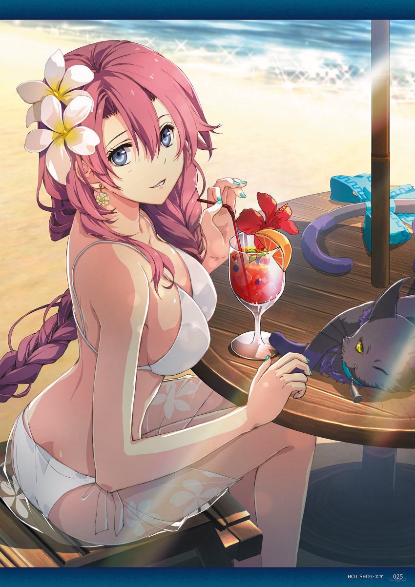 1girls alternate_costume aqua_nails back beach beach_umbrella bell bikini blue_bow blue_eyes blue_nails blurry blush bokeh bow braid braided_ponytail breasts celine_(sen_no_kiseki) copyright_name cup day depth_of_field drink drinking_straw earrings eiyuu_densetsu emma_millstein enami_katsumi eyelashes feet_out_of_frame feline female floral_print flower flower_earrings flower_in_drink food from_side fruit hair_between_eyes hair_flower hair_ornament hajimari_no_kiseki highres ice ice_cube jewelry light_rays lips long_hair looking_at_viewer medium_breasts nail_polish neck_bell official_art one_eye_closed orange_(fruit) orange_slice outdoors purple_hair rainbow sarong see-through sen_no_kiseki shade side-tie_bikini sideboob sitting smile sparkle string_bikini swimsuit table tail tail_bow tail_ornament umbrella white_bikini wooden_table