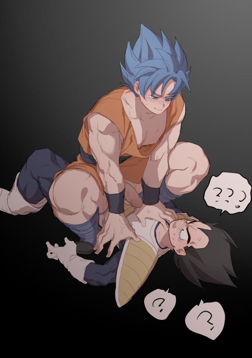 2boys ? armor bangs bara black_hair blue_bodysuit blue_hair blush bodysuit boner boots bottomless dougi dragon_ball dragon_ball_super dragon_ball_z erection femboy gay gloves highres kkkkkirrier large_pectorals looking_at_another lying male male/male male_focus male_only multiple_boys muscular muscular_male nude on_back on_person open_mouth pectorals penis saiyan saiyan_armor short_hair shoulder_armor sitting sitting_on_person small_dom_big_sub son_goku spiked_hair super_saiyan super_saiyan_blue vegeta white_gloves yaoi