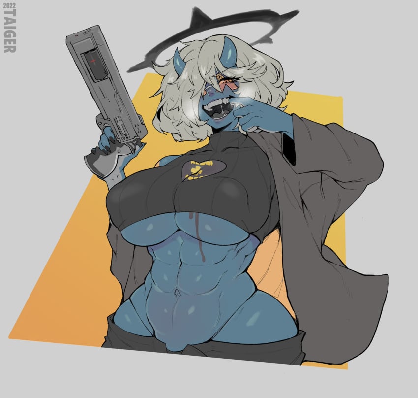 1girls abs big_breasts blue_skin breasts cleavage curvy demon demon_girl demon_horns firearm grin guilty_gear guilty_gear_strive gun hair_over_one_eye halo handgun happy_chaos huge_breasts looking_at_viewer midriff muscular muscular_female nipple_bulge open_mouth orange-tinted_eyewear revolver rule_63 sharp_teeth short_hair smile sunglasses taigerarts tinted_eyewear underboob weapon white_hair wide_hips