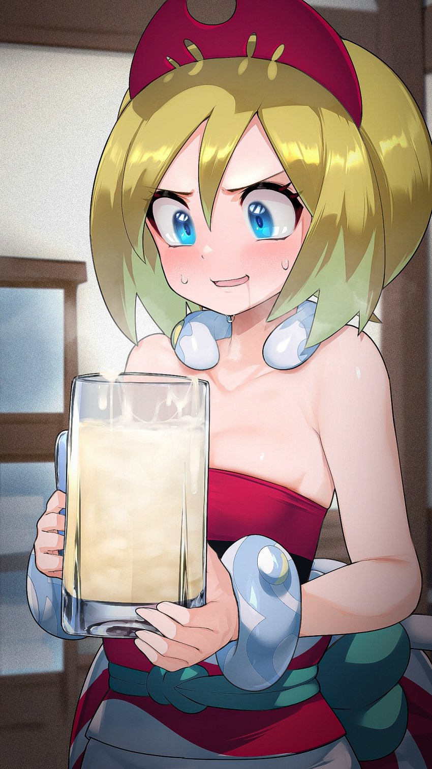 1girls 2022 bare_shoulders big_eyes blonde_hair blue_eyes blurry_background blush bottle breasts clothing collar cum cum_in_container drinking_cum drooling eyebrows_visible_through_hair eyelashes feet_out_of_frame female female_only game_freak gokkun hair_between_eyes hair_ornament headband headgear hi_res high_resolution highres hizake holding holding_object human irida_(pokemon) kashu_(hizake) light-skinned_female light_skin looking_down nintendo off_shoulder open_mouth pale_skin pokemon pokemon_(game) pokemon_legends:_arceus saliva shiny_hair shiny_skin short_hair small_breasts small_nose solo solo_female steam sweatdrop tongue tubetop wide_eyed wristwear