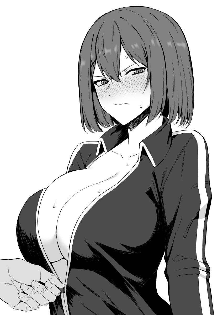 absurdres blush breasts cleavage closed_mouth collarbone female greyscale hair_between_eyes hair_ornament hands highres huge_breasts jacket kantai_collection long_sleeves maya_(kantai_collection) monochrome short_hair simple_background solo_focus takaman_(gaffe) track_jacket upper_body white_background x_hair_ornament zipper zipper_pull_tab