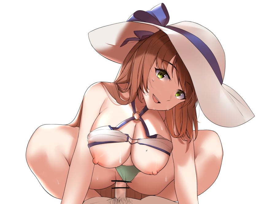 1boy bar_censor bikini_lift breasts brown_hair censored cleavage clothed_sex clothes_lift clothing_aside cowgirl_position eyebrows_visible_through_hair female girls'_frontline green_eyes hat hat_ribbon highres kaicchi large_breasts long_hair male_pubic_hair nipples official_alternate_costume pubic_hair pussy ribbon sex smile springfield_(girls'_frontline) straddling straight swimsuit swimsuit_aside vaginal_penetration very_long_hair