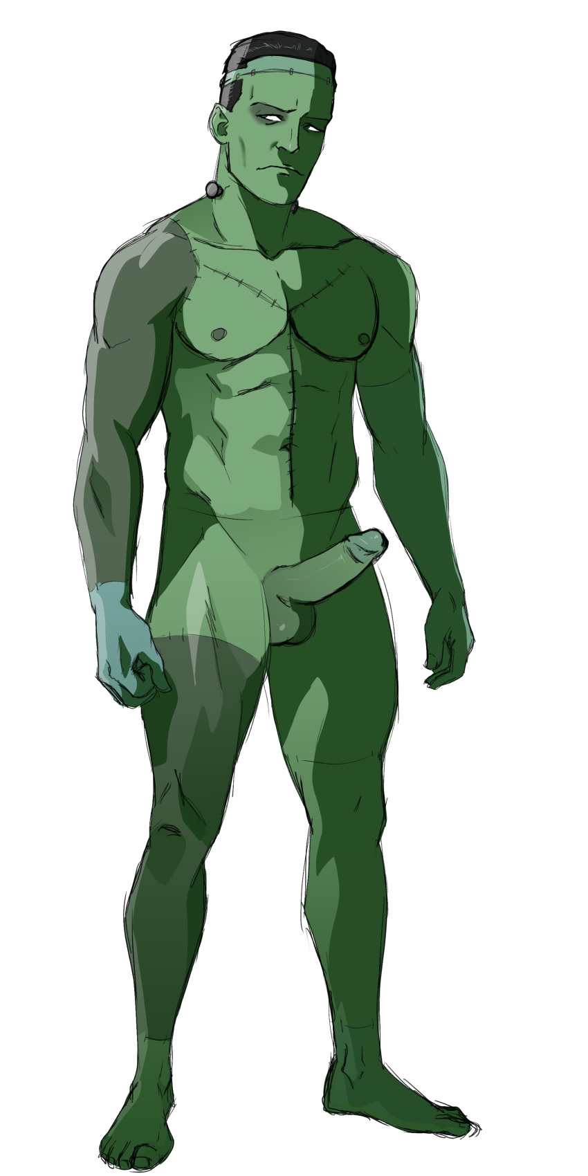 1boy abs balls bara drawfag drawthread_request feet frankenstein frankenstein's_monster genitals green_body green_skin male male_focus male_only muscles muscular muscular_male nipples nude pecs pectorals penis stitched stitches tagme testicles toes