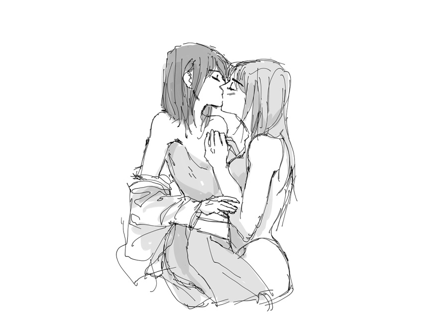 2girls black_and_white blush closed_eyes i_love_yoo kissing shin-ae_yoo sketch yuri