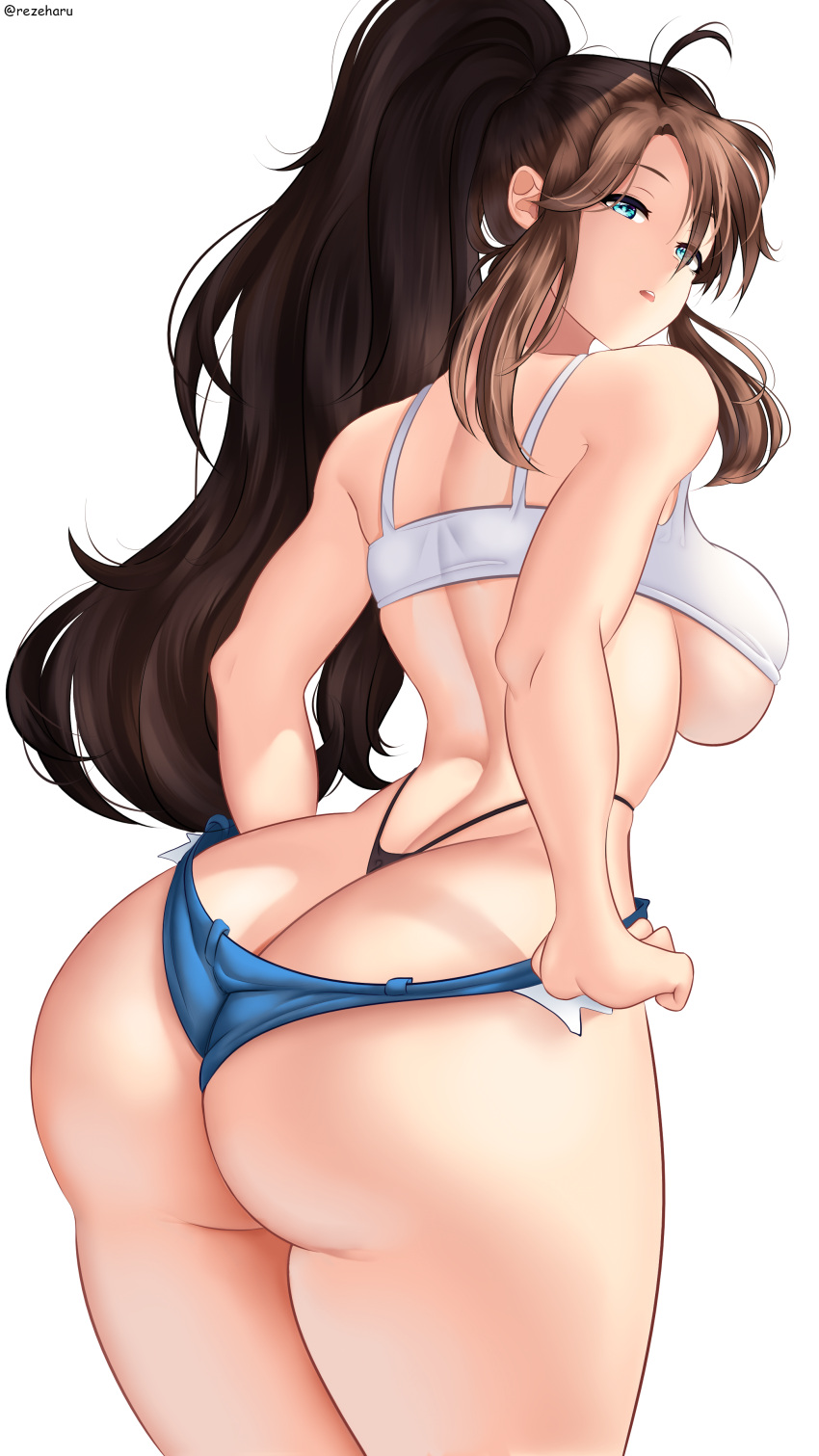 1girls 2022 alternate_breast_size ass ass_focus ass_shot back back_view black_panties blue_eyes booty_shorts breasts brown_hair bubble_butt clothed clothed_female female female_only hi_res hilda_(pokemon) hips huge_ass huge_breasts jean_shorts long_hair long_ponytail looking_at_viewer looking_back looking_over_shoulder nintendo panties panties_visible pokemon pokemon_bw ponytail rezeharu short_shorts shorts simple_background slim_waist solo tank_top thick_thighs thighs thong wedgie whale_tail white_background white_tank_top wide_hips