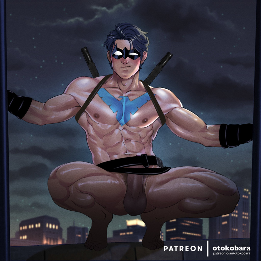 1boy abs artist_name bara batman_(series) belt black_belt black_bodysuit black_gloves black_hair blue_bodysuit blush bodysuit bulge closed_mouth dc dc_comics dick_grayson domino_mask erection gloves highres large_pectorals looking_at_viewer male male_focus male_only male_pubic_hair mask muscular muscular_male navel night night_sky nightwing nipples nude otokobara outdoors patreon_username pectorals penis pubic_hair reward_available short_hair sky solo squatting thick_thighs thighs weapon weapon_on_back