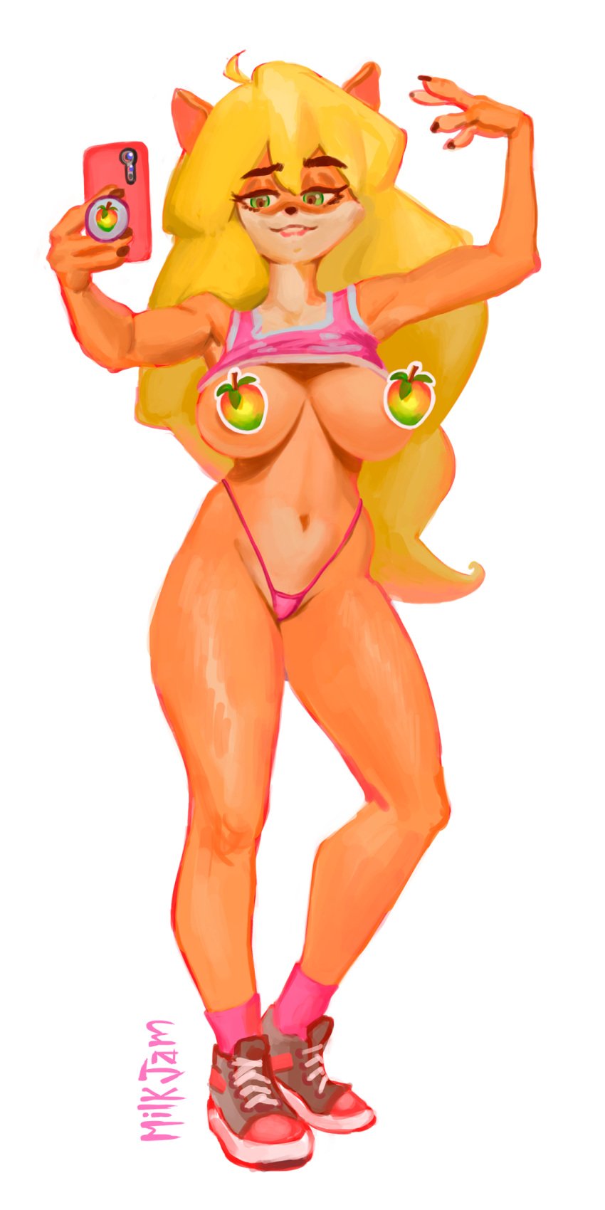 anthro bikini_bottom breasts crash_(series) fur furry long_hair milkjam panties phone selfie tawna_bandicoot thong topless wumpa_fruit