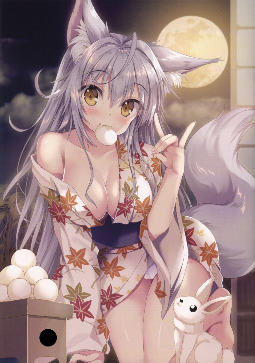 :d absurdres animal_ear_fluff animal_ears breasts brown_eyes cleavage eyebrows_visible_through_hair female female food food_in_mouth fox_ears fox_girl fox_shadow_puppet fox_tail grey_hair hair_between_eyes hair_over_breasts hand_up haru_(tateha) highres japanese_clothes kimono kimono_pull large_breasts no_shoes non-web_source open_mouth panties photoshop_(medium) scan smile solo tail underwear white_panties window