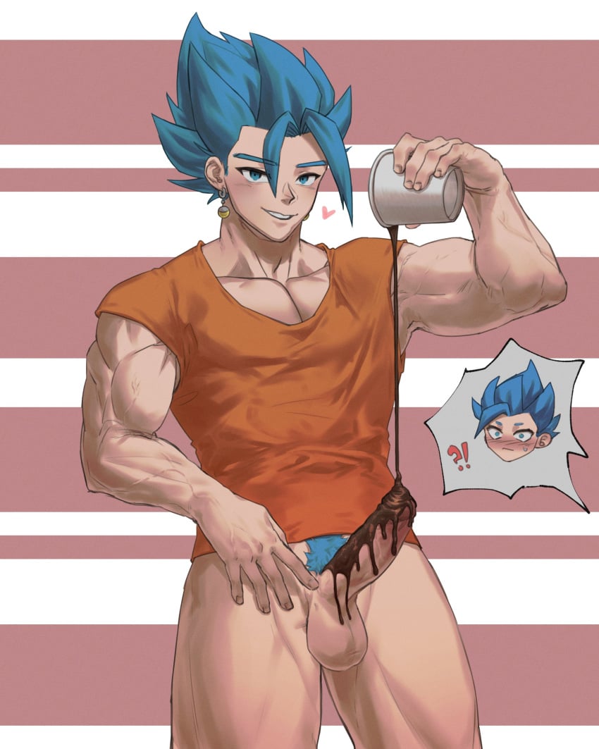 2boys absurdres bara blush bottomless chibi chibi_inset chocolate_on_penis dragon_ball dragon_ball_z erection feet_out_of_frame gay gogeta highres leo_(reo_or_kuroryuu) looking_at_viewer male male_focus male_only male_pubic_hair multiple_boys muscular muscular_male pectoral_cleavage pectorals pouring_onto_penis pouring_onto_self pubic_hair seductive_smile short_hair smile solo_focus spiked_hair standing super_saiyan_blue thick_thighs thighs valentine vegetto vegito yaoi