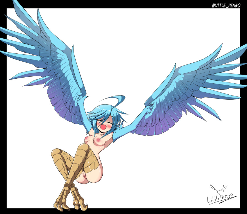 1girls bird bird_feet bird_girl bird_wings blue_hair blush closed_eyes flying gold_eyes happy harpy littlepengo metalkaiser monster_girl monster_musume_no_iru_nichijou nude papi_(monster_musume) petite short_hair small_breasts smile