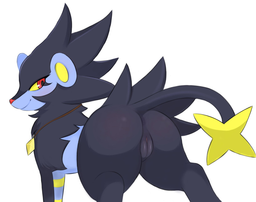 2022 all_fours anus arteficialtrees ass barely_visible_anus black_body black_fur blue_body blue_fur digital_media_(artwork) female feral fur furry furry_only genitals glistening glistening_eyes hi_res jewelry looking_at_viewer looking_back looking_back_at_viewer luxray multicolored_body multicolored_fur naked necklace nintendo nude pokémon_(species) pokemon pokemon_(species) presenting presenting_hindquarters presenting_pussy pussy rear_view red_eyes red_nose simple_background smile solo tail thick_thighs video_games white_background yellow_body yellow_fur yellow_sclera