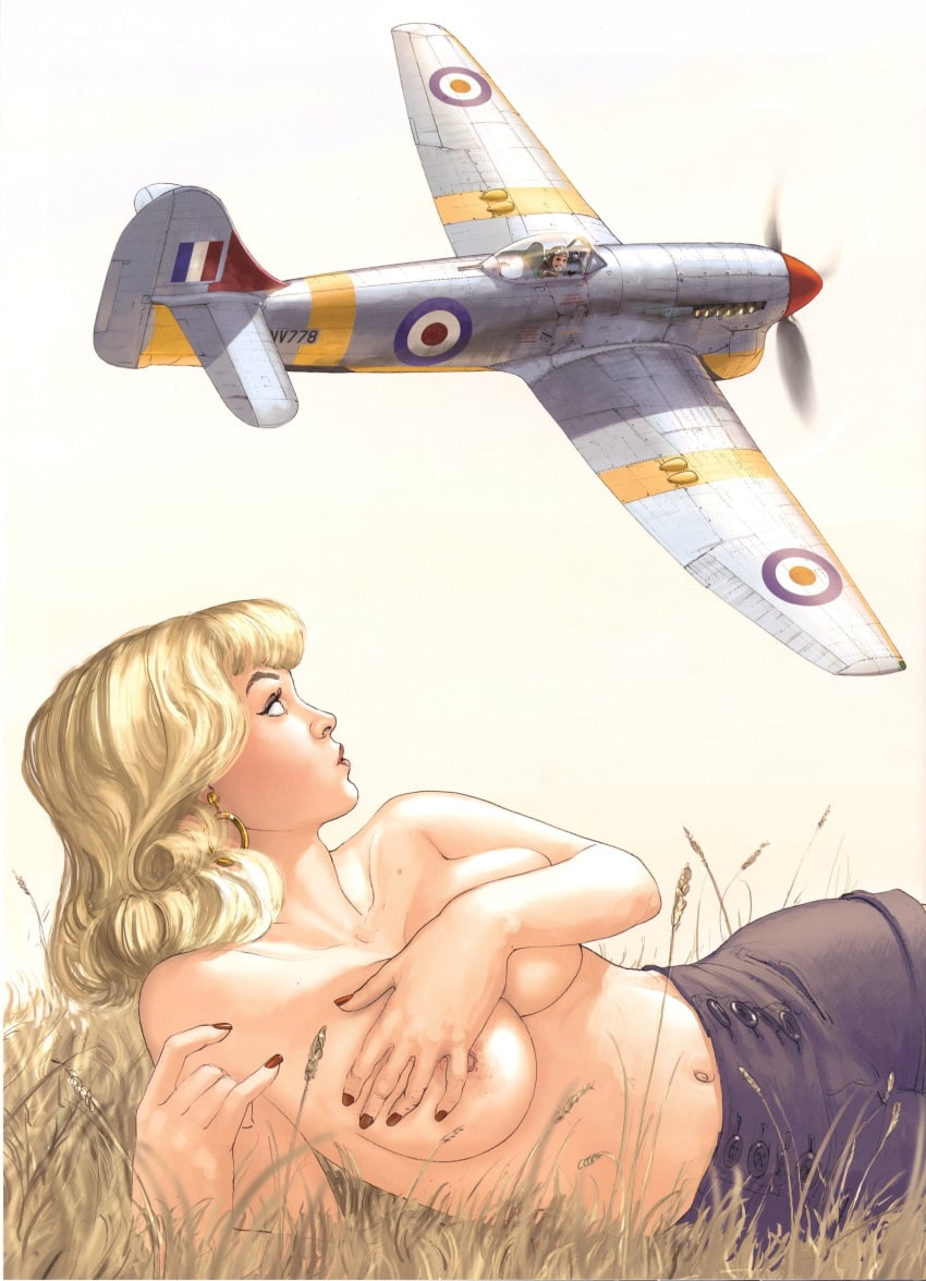 blonde_hair covering_breasts hawker_tempest romain_hugault sunbathing topless