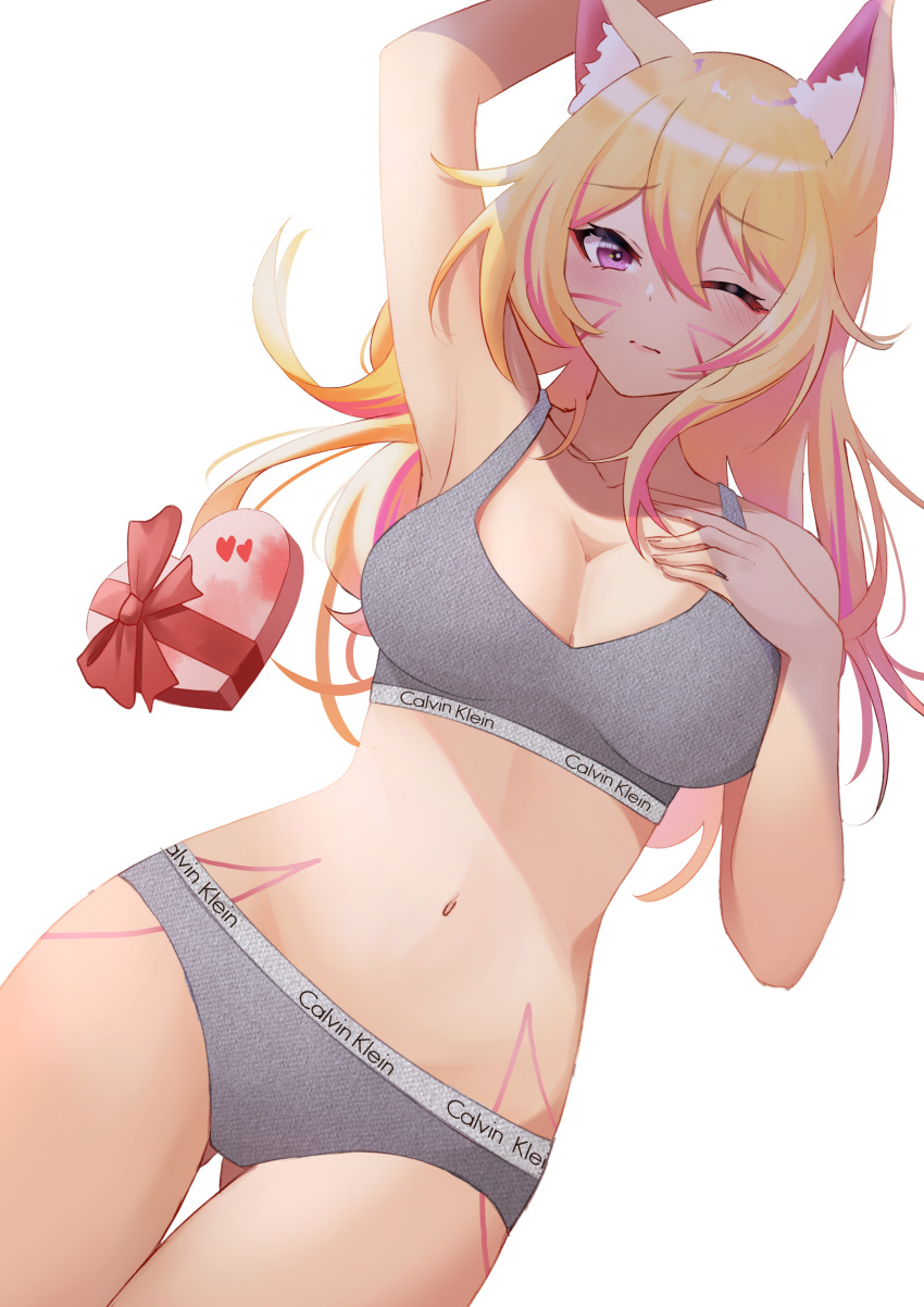 1girls animal_ears big_breasts blonde_hair blush breasts calvin_klein female female_only fluffyfoxmia foxyevoxy fully_clothed fx07 grey_underwear heart heterochromia highres looking_at_viewer multicolored_hair on_top original pink_eyes pink_hair smile solo streaked_hair tattoo underwear valentine's_day white_background wink