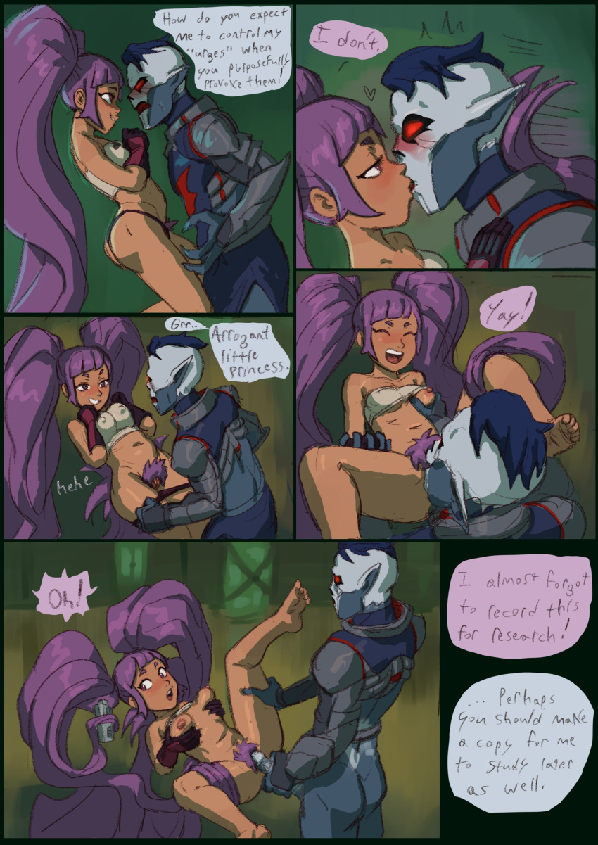 1boy 1girls alien areolae ass blue_hair blush breasts canon_couple cleavage comic cunnilingus dialogue english_text entrapta fright_zone fringe hordak horde_symbol_(she-ra) imminent_oral licking_pussy long_twintails nipple_bulge nipples oral panties pears_(artist) petite pubic_hair_peek purple_eyes purple_hair red_eyes she-ra_and_the_princesses_of_power small_breasts straight teasing teenager text twintails vaginal_penetration violet_hair