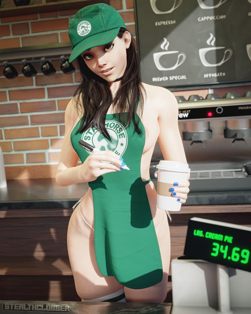 1girls 3d apron artist_name athletic athletic_female barista big_ass big_breasts brown_eyes brown_hair capitalism choker coffee_shop facing_viewer female female_only fit fit_female hat human iced_latte_with_breast_milk large_ass large_breasts light-skinned_female light_skin long_hair looking_at_viewer meme original_character partially_visible_nipples revealing_clothes side-tie_panties skindentation slavegirl solo starhorse_coffee stealthclobber thick_thighs thighhighs uniform wide_hips