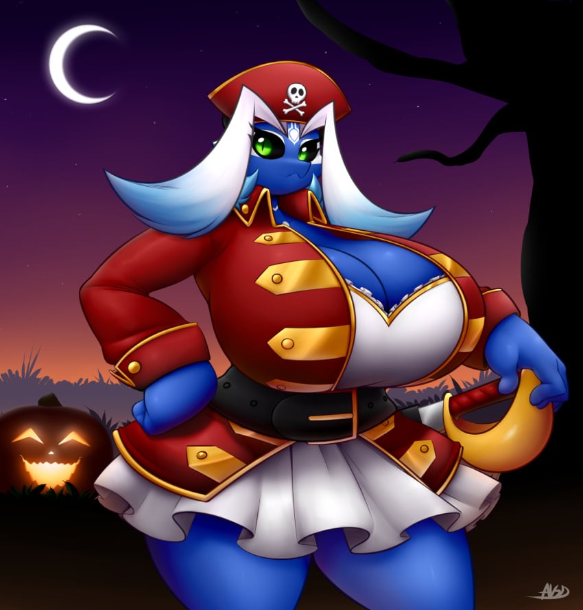 2017 alien anthro averyshadydolphin big_breasts black_sclera breasts cleavage clothed clothing dragon eyebrows eyelashes female food fruit green_eyes halloween hat headgear headwear hi_res holidays huge_breasts jou_(species) miajou moon non-mammal_breasts pirate_costume plant pumpkin pupils slit_pupils solo wide_hips