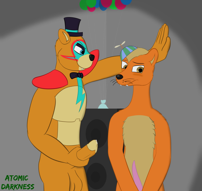 anthro atomic_darkness balloon balls blue_eyes blush bodily_fluids bow_tie clothing cum dominant dominant_male duo facial_markings five_nights_at_freddy's five_nights_at_freddy's:_security_breach fur genital_fluids genitals glamrock_freddy_(fnaf) hat head_markings headgear headwear hi_res inflatable male male/male male_only mammal markings mustela mustelid musteline nude orange_body orange_fur penis propeller_hat scottgames shy top_hat true_musteline ursid video_games willy's_wonderland willy_the_weasel yellow_body yellow_eyes yellow_fur