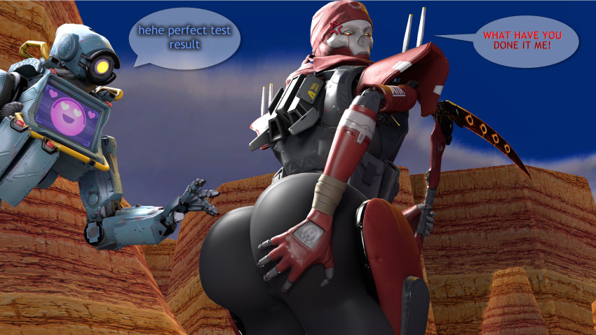 3d angry apex_legends big_ass big_butt butt_expansion emoji grabbing_ass grabbing_own_ass heart heart_eyes looking_back male male_only pathfinder_(apex_legends) revenant_(apex_legends) robot sam1377 scythe simulacrum text text_bubble