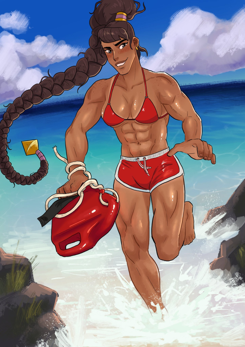 1girls abs big_breasts bikini bikini_shorts bikini_top blush braid braided_hair brown_hair cleavage clothing clouds dark_skin dolphin_shorts earrings female female_focus female_only gold_earrings grey_eyes hi_res human jembutspicy lifeguard long_hair mara_(she-ra) muscles muscular muscular_female red_bikini red_bikini_shorts red_bikini_top rescue_buoy sea she-ra_and_the_princesses_of_power smirk solo solo_female swimming_trunks swimwear very_long_hair water