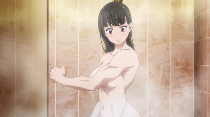 1girls abs bath bathroom biceps black_hair breasts completely_nude covering_breasts enen_no_shouboutai fire_force hi_res muscular muscular_arms muscular_female naked naked_female navel nude nude_female official_art oze_maki purple_eyes screencap screenshot shower shower_steam showering solo steam wet wet_hair