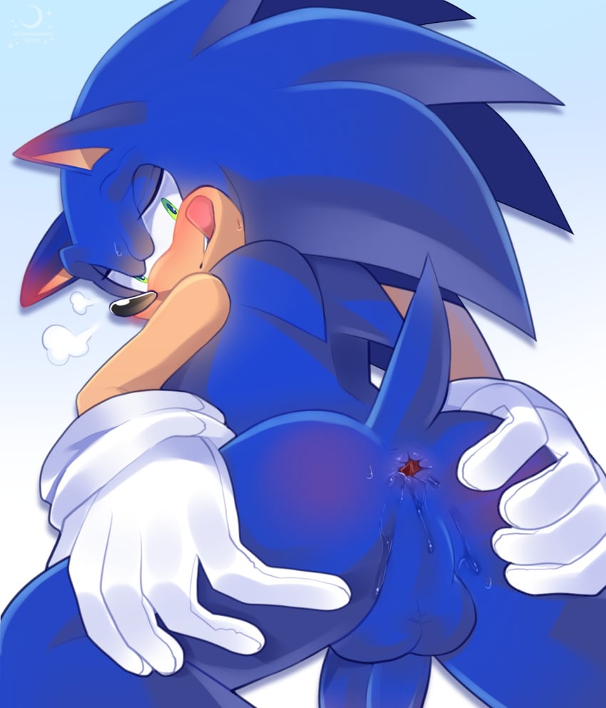 anthro anus ass backsack balls bending blue_body blue_fur blueseamoon bodily_fluids butt clothing eulipotyphlan fur genitals gloves green_eyes half-closed_eyes hand_on_butt handwear hedgehog hi_res licking licking_lips looking_at_viewer looking_back male mammal narrowed_eyes penis presenting sega simple_background solo solo_focus sonic_(series) sonic_the_hedgehog sonic_the_hedgehog_(series) spread_butt spreading sweat sweating tall teeth thick_thighs tongue tongue_out wet