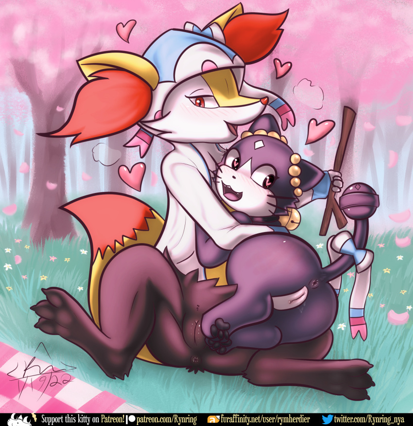 <3_eyes 2girls accessory anus bell beta_pokémon_(species) beta_pokémon_games blush bodily_fluids braixen cherry_blossom cherry_blossom_tree cherry_tree clothing digital_media_(artwork) duo english_text felid female female/female female_only feral flower fruit_tree fur furgonomics furry furry_only genital_fluids genitals hair_accessory hair_ribbon hairbow heart hi_res hoodie inner_ear_fluff looking_at_viewer mammal nintendo open_mouth outside petals plant pokémon_(species) pokémon_gold_beta pokemon pokemon_(species) pokemon_only pussy pussy_juice ribbons rinrin rymherdier rynring signature smile spank_marks spread_legs spreading tail tail_accessory tail_ribbon text topwear tree tuft url video_games yellow_body yellow_fur