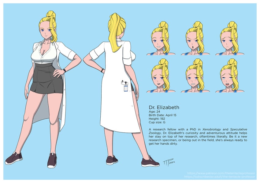 1girls big_breasts blonde_hair blue_eyes character_profile character_sheet cleavage dr._elizabeth_(ttp) female female_only human human_only lab_coat labcoat light-skinned_female light_skin office_clothing original_character scientist sports_shoes sportswear sporty the_tentacle_professor